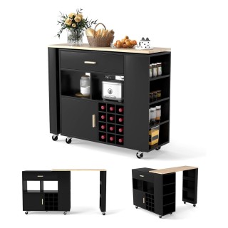 Costway Μαύρο Κουζινοκαρότσι & Μπαρ με Ρυθμιζόμενο Ράφι, Συρτάρι, Ρ...