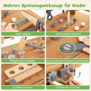 Costway Διπλό Παιδικό Ξύλινο Καρότσι & Πάγκος Εργαλείων με Ρεαλιστι...