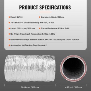 VEVOR Εύκαμπτος Σωλήνας Στεγνωτηρίου 101.6MM, Μονωμένος 7.62M με 2... VEVOR Εύκαμπτος Σωλήνας Στεγνωτηρίου 101.6MM, Μονωμένος 7.62M με 2...