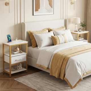 Costway Κομοδίνο με σταθμό φόρτισης, υφασμάτινο συρτάρι και ανοιχτά...