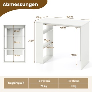 Costway Λευκός Γραφείο Υπολογιστή 90 εκ. με Ράφι Βιβλίων - Μοντέρνο...