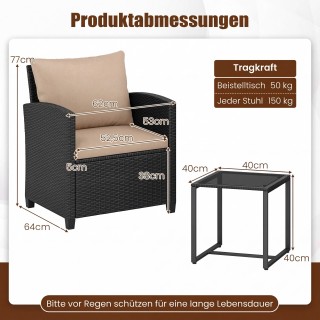 Costway Σετ κήπου από ρατάν με 2 καρέκλες, μαξιλάρια και γυάλινο τρ...