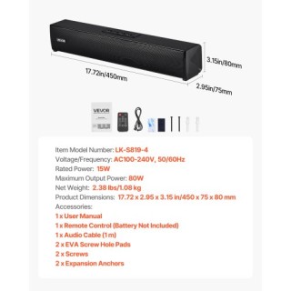VEVOR Ηχομπάρα για Smart TV, 2.0 Κανάλια, 450 mm Συμπαγής Ηχοσύστημ...