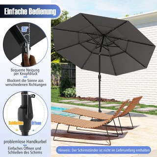 Costway Τριώροφος Γκρι Κήπος και Τερασσόλης Ομπρέλα με Περιστροφή 3...