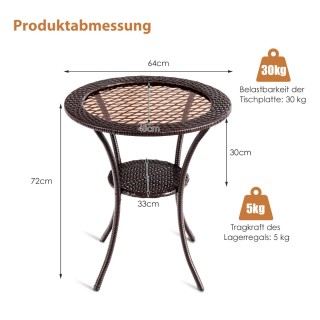 Στρογγυλό Τραπέζι Κήπου Rattan με Γυάλινη Επιφάνεια & Ράφι 64 x 72c...