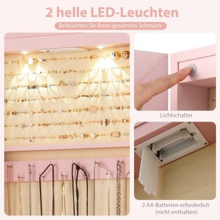 Costway Κοσμηματοθήκη με LED Φωτισμό και Καθρέφτη σε Ροζ Απόχρωση J...