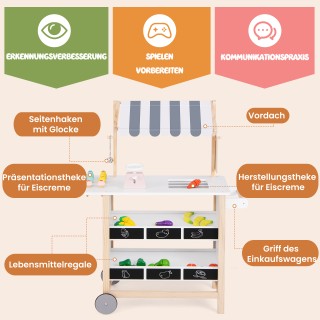 Costway Παιδικό Ξύλινο Καρότσι Παγωτού με 6 Παγωτά και 2 Ράφια Γκρι...