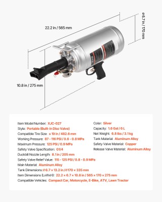 VEVOR Φορητός Φουσκωτής Ελαστικών 1.6 Γαλ / 6 Λ - Χειρός για Αυτοκί...