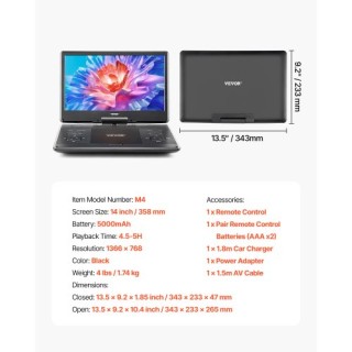 VEVOR Φορητό DVD Player 14 με HD Οθόνη Στροφής και 5ωρη Επαναφορτιζ...