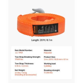VEVOR Ιμάντας Έλξης 20 ft 17000 lbs με Γαντζάκια Heavy Duty DZDL20F...