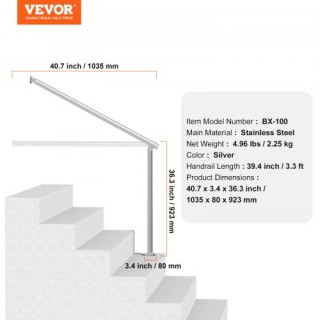VEVOR  Κουπαστές Ανοξείδωτες 100cm για Εξωτερικά Σκαλοπάτια 39.4in ...