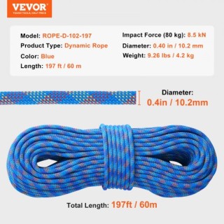 Σχοινί Αναρρίχησης VEVOR 10.2mm 60M Μπλε DSDLS197YC10KNO0JV0 Σχοινί Αναρρίχησης VEVOR 10.2mm 60M Μπλε DSDLS197YC10KNO0JV0