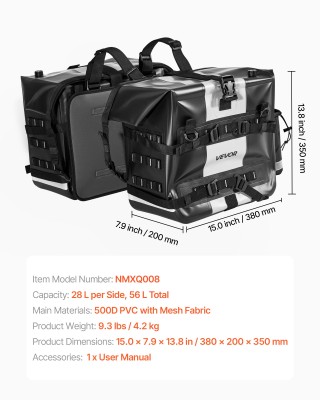 VEVOR Πλευρική Τσάντα Μοτοσυκλέτας 56L, Αδιάβροχη με Αποσπώμενη Εσω...