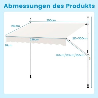 Costway Ρυθμιζόμενη Λευκή Βαλκονόσκια χωρίς Διάτρηση με Χειροκίνητη...