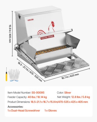 VEVOR Αυτόματη Ταΐστρα Κοτόπουλων 18.14 kg, Αδιάβροχη με Κλείδωμα, ...