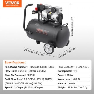 Φορητός Αεροσυμπιεστής VEVOR 8L 90 PSI χωρίς Λάδι WYWSKYJ30L75E7TAMV2 Φορητός Αεροσυμπιεστής VEVOR 8L 90 PSI χωρίς Λάδι WYWSKYJ30L75E7TAMV2