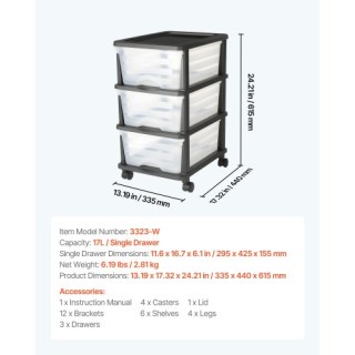 VEVOR Καρότσι Πλαστικών Συρταριών με 3 Συρτάρια και Ροδάκια CWCT1SL...