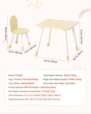 VEVOR Παιδικό Τραπέζι και 2 Καρέκλες με Στρογγυλεμένες Άκρες & Γραφ...