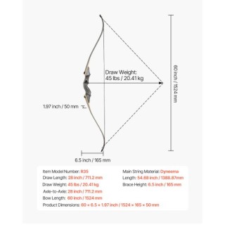 VEVOR Σετ Τόξου Αναψυχής 60in Recurve Ξύλινο 45 lbs με Βέλη για Κυν...