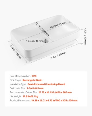 VEVOR Ορθογώνιος Λευκός Κεραμικός Νιπτήρας 490 x 305 mm για Μικρό Μ...