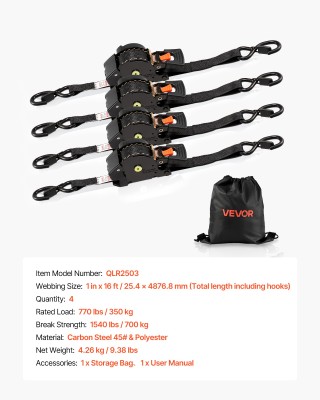 VEVOR Ιμάντες Κατάσχεσης με Επανασυρόμενο Καρούλι, 25.4 mm x 4.9 m,...