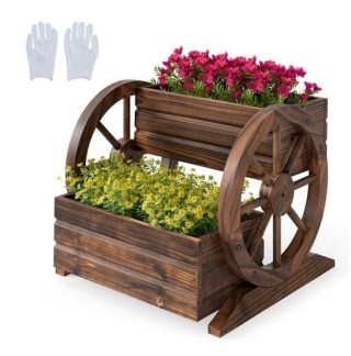 Costway Διώροφη Ξύλινη Ζαρντινιέρα Ρουστίκ Στυλ Καροτσάκι Φυτοδοχεί...