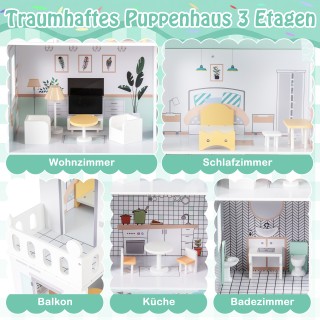 Costway Ξύλινο Κουκλόσπιτο με 17 Κομμάτια Επίπλων & Σκάλες - Πράσιν...
