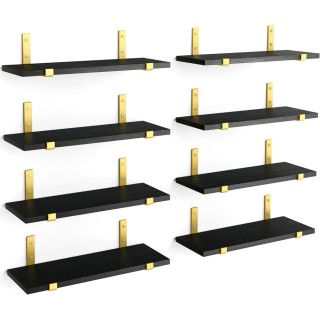 BAKAJI Σετ 8 Μαύρα Ξύλινα Ράφια Τοίχου με Χρυσά Στηρίγματα, 40x15εκ...