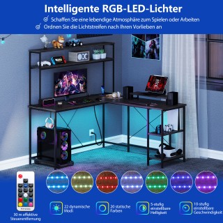 Costway Γκρι Γωνιακό Gaming Γραφείο με LED Φωτισμό & Πρίζες CB10592...