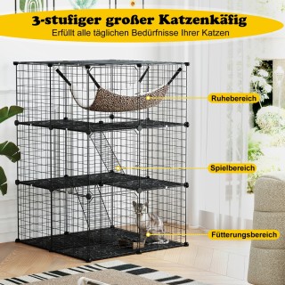 Costway Μεγάλο τριώροφο κλουβί γάτας με αιώρα, σκάλες, πόρτες και π...