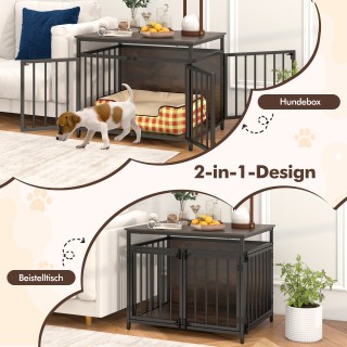 Costway Ξύλινο Έπιπλο Κλουβί Σκύλου με 3 Πόρτες, Πλευρικό Τραπέζι 6...