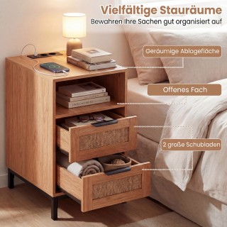 Costway Τραπέζι με Σταθμό Φόρτισης & 2 Συρτάρια Κομοδίνο από Ρατάν ...