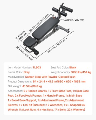 VEVOR Ημιεπαγγελματικός Πάγκος Κοιλιακών, Ρυθμιζόμενος, με Λαβή Αντ...