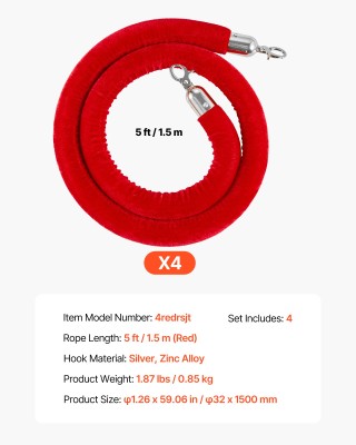 VEVOR 4 Κόκκινα Σχοινιά Velvet 1,5μ με Ασημένια Άγκιστρα για Διαχωρ...