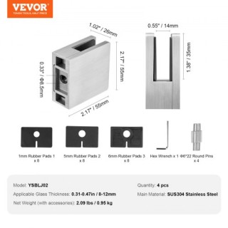Σετ 4 Τεμαχίων Σφιγκτήρες Γυαλιού VEVOR για Κάγκελα (0.31-0.47) Αση...