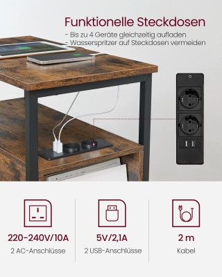 Τραπέζι VASAGLE με Πρίζα, 2 Συρτάρια, Vintage Καφέ/Κλασικό Μαύρο&nbsp;