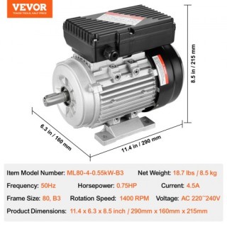 Ηλεκτροκινητήρας VEVOR 0.55KW 1400RPM 220~240V 1-Φάση  TYJLIECDJ172...