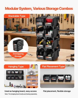 VEVOR Σετ 8 Μαύροι Πλαστικοί Στοιβαζόμενοι Κάδοι Αποθήκευσης με Μπρ...