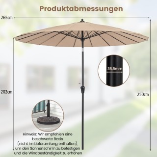 Costway Καφέ Κήπος Ομπρέλα 265 cm με Κραμπίνα και Δυνατότητα Κλίσης...