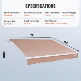 VEVOR Χειροκίνητη Αναδιπλούμενη Τέντα 12x10 ft, Αδιάβροχη Πολυεστερ...