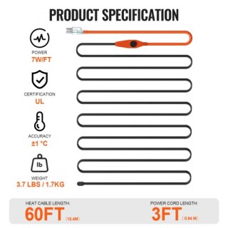 VEVOR  Καλώδιο Θέρμανσης Σωλήνων 18m 23W/m με Ενσωματωμένο Θερμοστά...