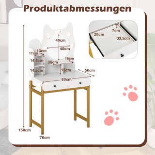 Costway Λευκή Τουαλέτα Μακιγιάζ Σε Σχήμα Γάτας με Καθρέφτη, Φωτισμό...