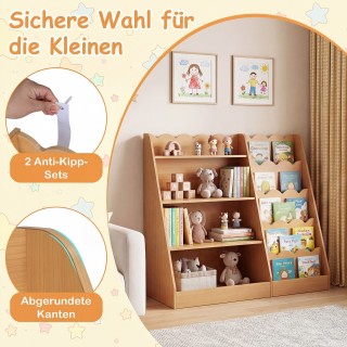 Costway Παιδική ξύλινη βιβλιοθήκη με 4 ανοιχτά ράφια και κρυφό αποθ...