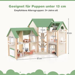 Costway  Ξύλινο Γωνιακό Κουκλόσπιτο με 3 Ορόφους και 36 Αξεσουάρ γι...