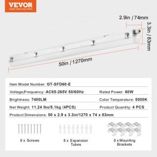 VEVOR 4x4FT LED Ανθεκτικό Φωτιστικό 60W 7400LM 5000K  FZQD4FT4JT60T...