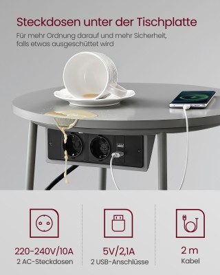 VASAGLE Στρογγυλό Τραπέζι με Φόρτιση και Καλάθι, Μοντέρνο, Γκρι&nbsp