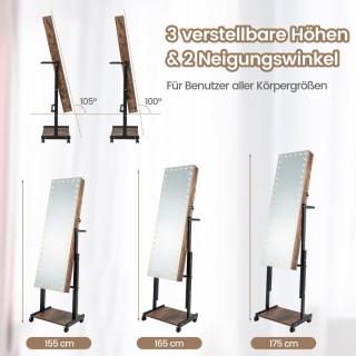 Costway  Πολυτελής Καθρέπτης Κοσμηματοθήκης με LED Φωτισμό και Ρυθμ...