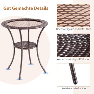 Στρογγυλό Τραπέζι Κήπου Rattan με Γυάλινη Επιφάνεια & Ράφι 64 x 72c...