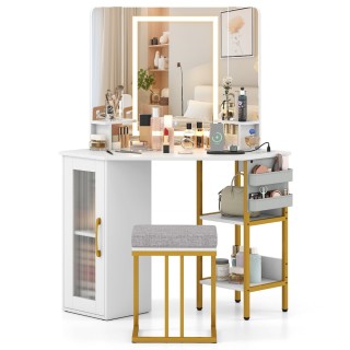 Costway Γωνιακή Τουαλέτα Μακιγιάζ με Σκαμπό & LED Φωτισμό & Σταθμό ...