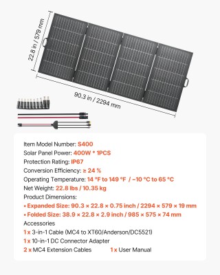 VEVOR 400W Πτυσσόμενο Ηλιακό Πάνελ N-Type 16BB, 24% Απόδοση, Αδιάβρ...